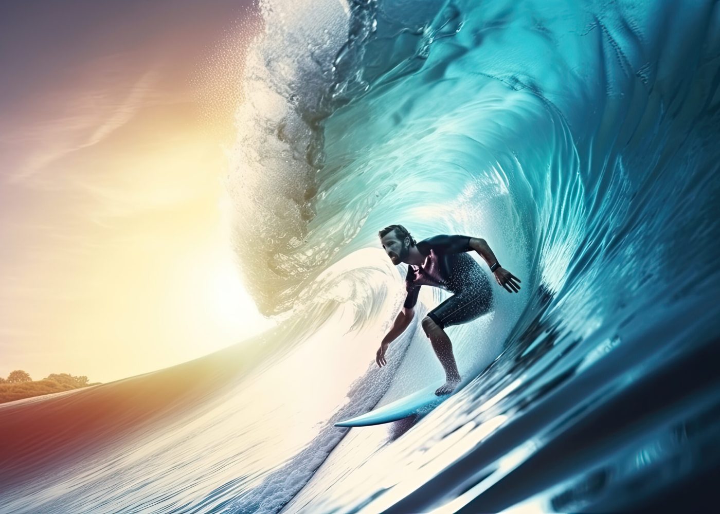 Surfer on big Blue Ocean Wave.